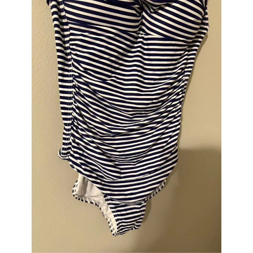Niptuck Women's 10 Twist Front One Piece Swimsuit Blue Sorrento Stripe Nautical